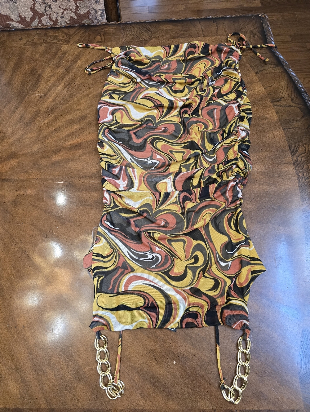 Cowl Neck Chain-Strap Dress in Mustard Swirl - Picture 3 of 6